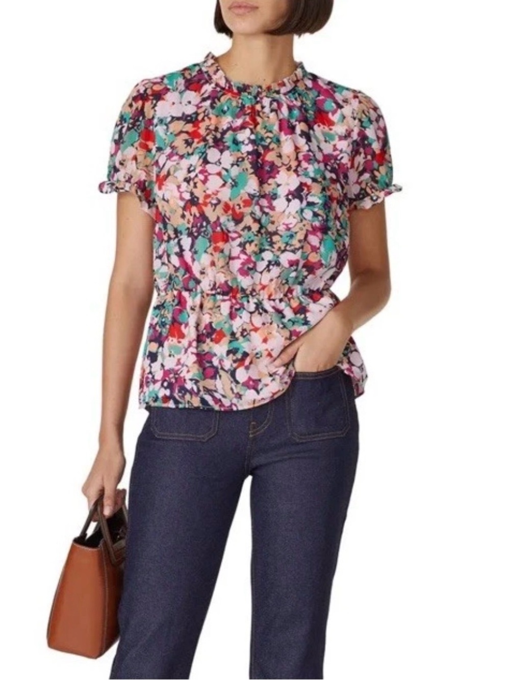 J.Crew Crinkle Cyrano Floral Top | Ruffle High Neck | Pink Multicolor | Size XS
